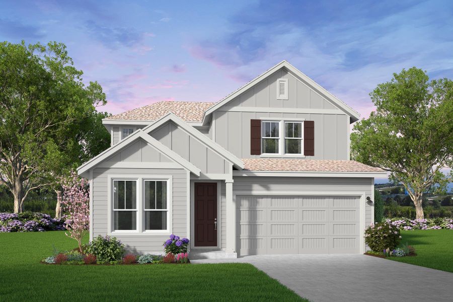 Front exterior of a new home in 45' Traditional Homes at Elyson, Katy, TX, highlighting curb appeal (Image 1).