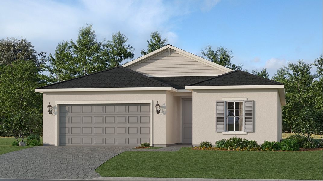Front exterior of a new home in Island Lakes at Coco Bay, Englewood, FL, highlighting curb appeal (Image 1). Front exterior of a new home in Island Lakes at Coco Bay, Englewood, FL, highlighting curb appeal (Image 1).