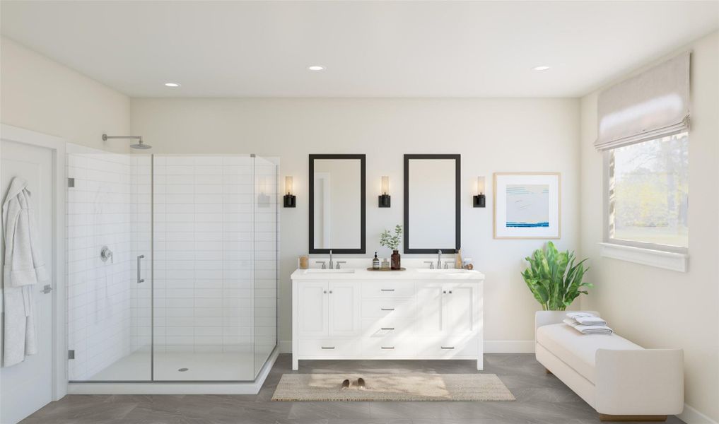 Relaxing primary bath with dual sinks (*Artist rendering used for illustration purposes only.) Relaxing primary bath with dual sinks (*Artist rendering used for illustration purposes only.)