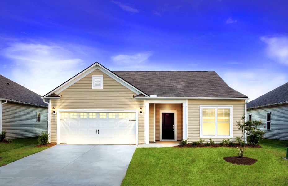 Bedrock Model New Home Exterior LC2A at Twilight with glass window inserts on the garage door. Bedrock Model New Home Exterior LC2A at Twilight with glass window inserts on the garage door.