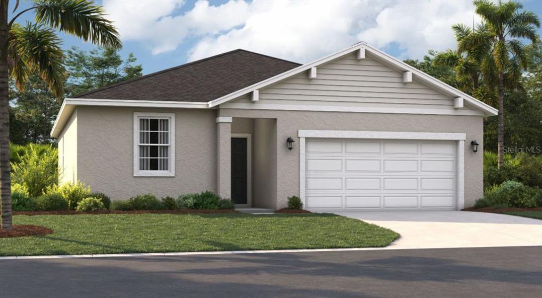 Front exterior of a new home in Covered Bridge at Liberty Bluff, Haines City, FL, highlighting curb appeal (Image 2).