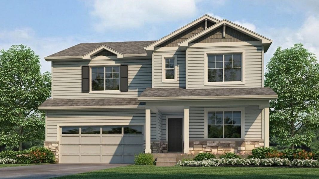 Front exterior of a new home in Vista Meadows, Fort Lupton, CO, highlighting curb appeal (Image 2). Front exterior of a new home in Vista Meadows, Fort Lupton, CO, highlighting curb appeal (Image 2).