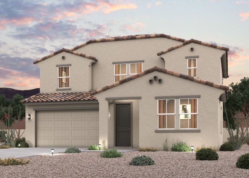 Twilight rendering of the front of a 2-Story home with 2 car garage in Surprise, AZ