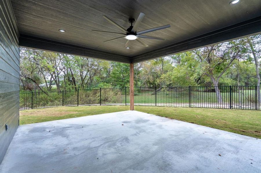 View of patio with ceiling fan