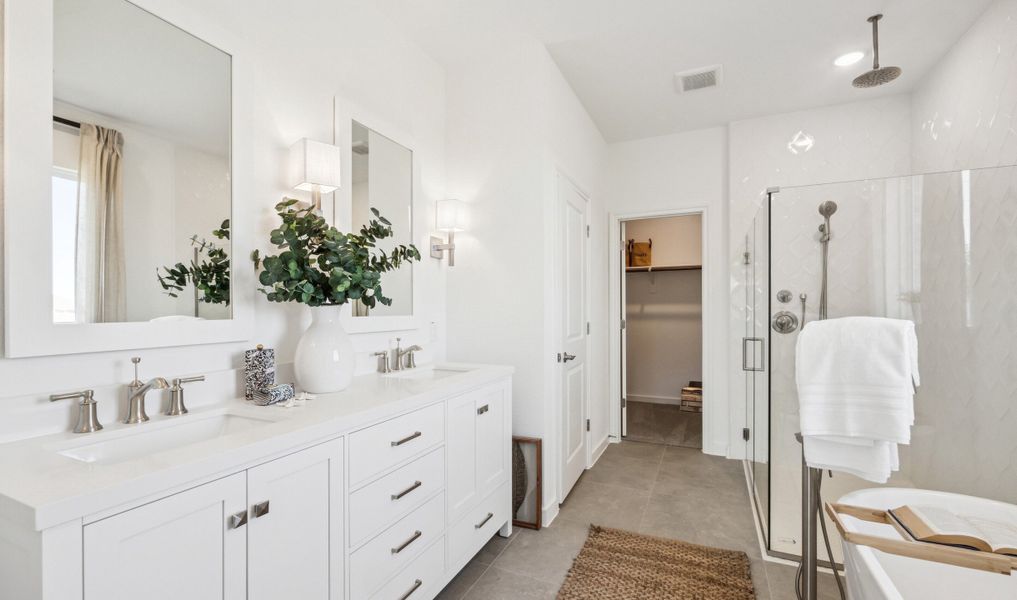 Primary bath with brushed nickel accents Primary bath with brushed nickel accents