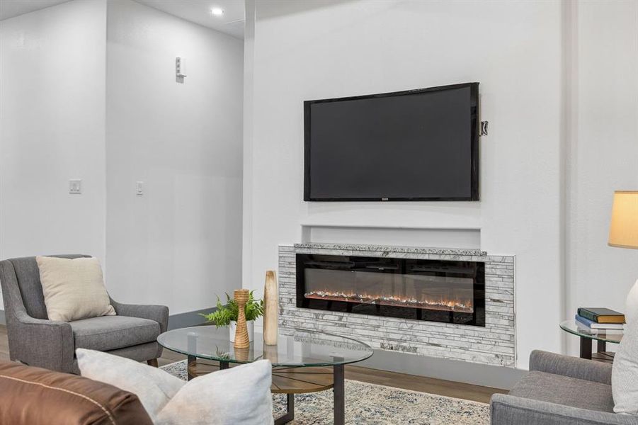 The electric fireplace is perfect for ambiance year round.