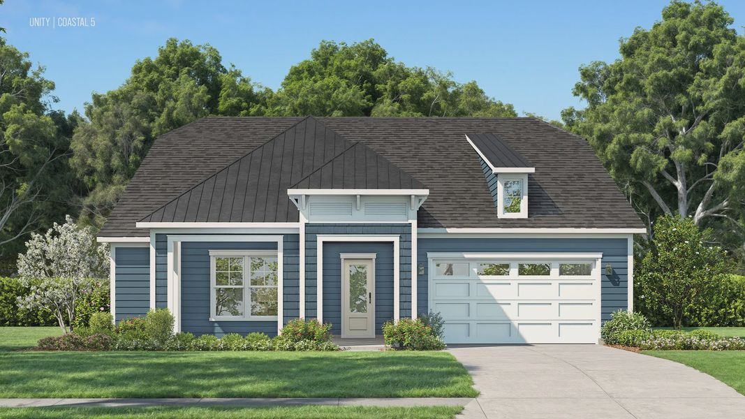 Representative exterior photo of a completed home built from the Unity by DRB Elevate. in Summerwind Crossing at Lakes of Cane Bay, Summerville, SC (Image 13).