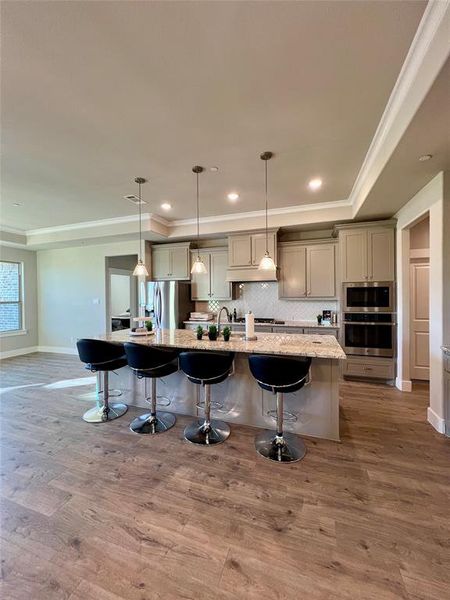 Kitchen view from the family room area featuring gray cabinets, a kitchen island with sink, wood-type flooring, and appliances with stainless steel finishes.