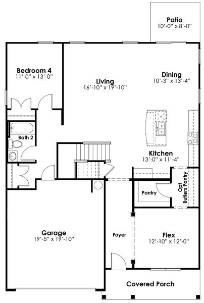 2D floor plan layout for the HARBOR OAK by D.R. Horton in Shell Pointe, Gilbert, SC (Image 3).