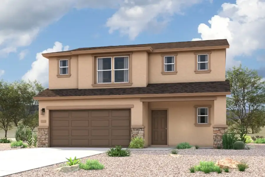 Front exterior of a new home in Western Crossings, Florence, AZ, highlighting curb appeal (Image 1). Front exterior of a new home in Western Crossings, Florence, AZ, highlighting curb appeal (Image 1).