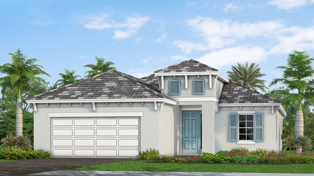 Front exterior of a new home in Palm Grove Real Estate and Homes for Sale in Lakewood Ranch, FL - Neal Communities, Lakewood Ranch, FL, highlighting curb appeal (Image 32).