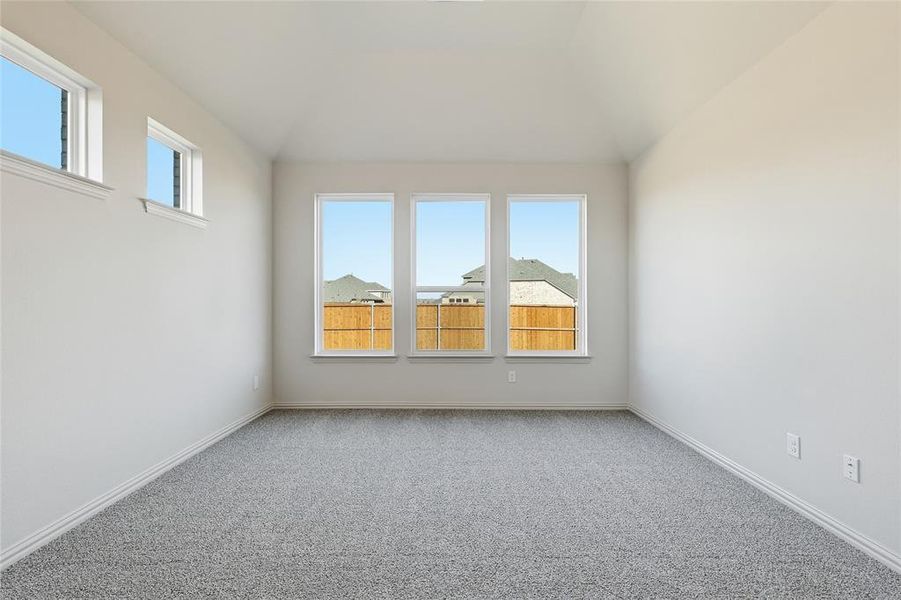Spare room featuring carpet flooring and vaulted ceiling Spare room featuring carpet flooring and vaulted ceiling
