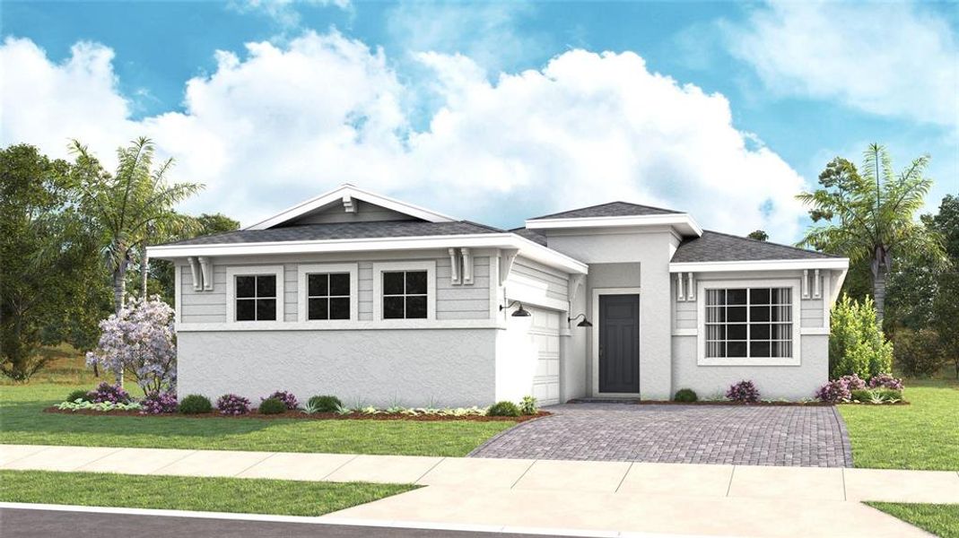Front exterior of a new home in Cresswind DeLand, Deland, FL, highlighting curb appeal (Image 1). Front exterior of a new home in Cresswind DeLand, Deland, FL, highlighting curb appeal (Image 1).