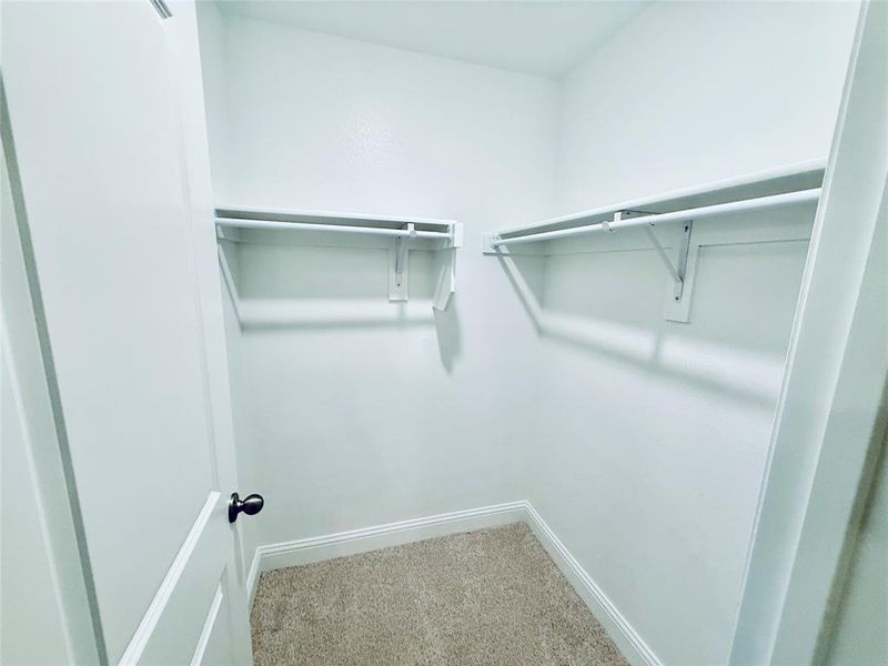 Walk-in closet featuring light beige carpeting, white baseboards, and two levels of built-in shelving and hanging rods