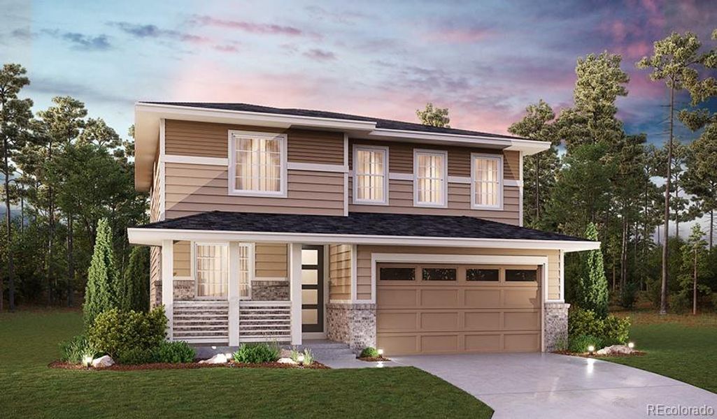 Front exterior of a new home in The Aurora Highlands, Aurora, CO, highlighting curb appeal (Image 1). Front exterior of a new home in The Aurora Highlands, Aurora, CO, highlighting curb appeal (Image 1).