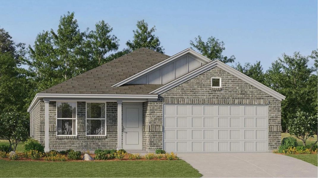 Front exterior of a new home in The Grand Prairie, Hockley, TX, highlighting curb appeal (Image 1). Front exterior of a new home in The Grand Prairie, Hockley, TX, highlighting curb appeal (Image 1).