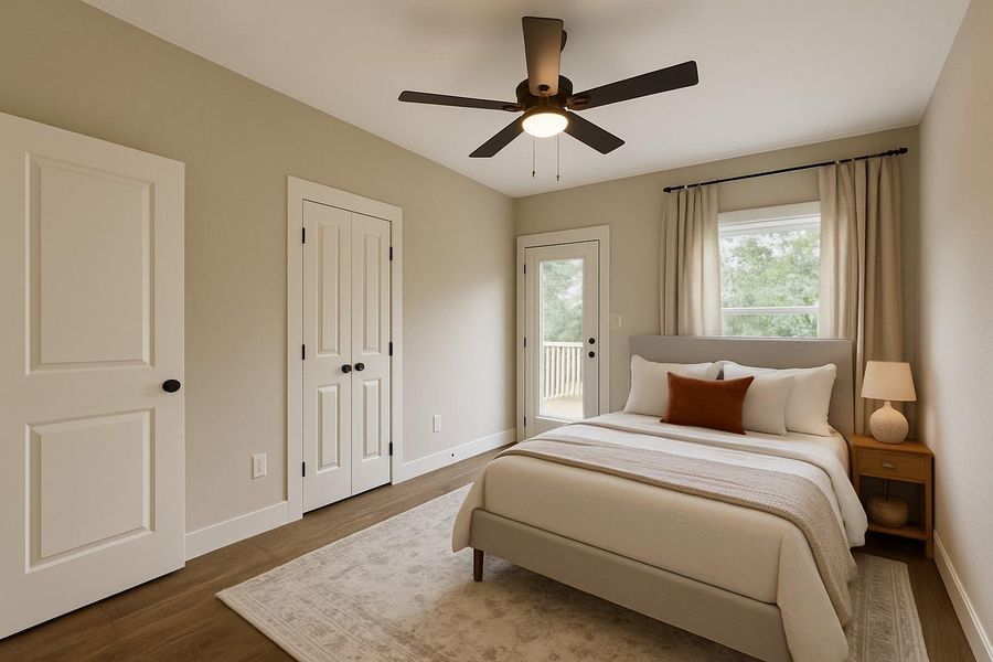 Bedroom featuring access to outside, a ceiling fan, a closet, and wood finished floors