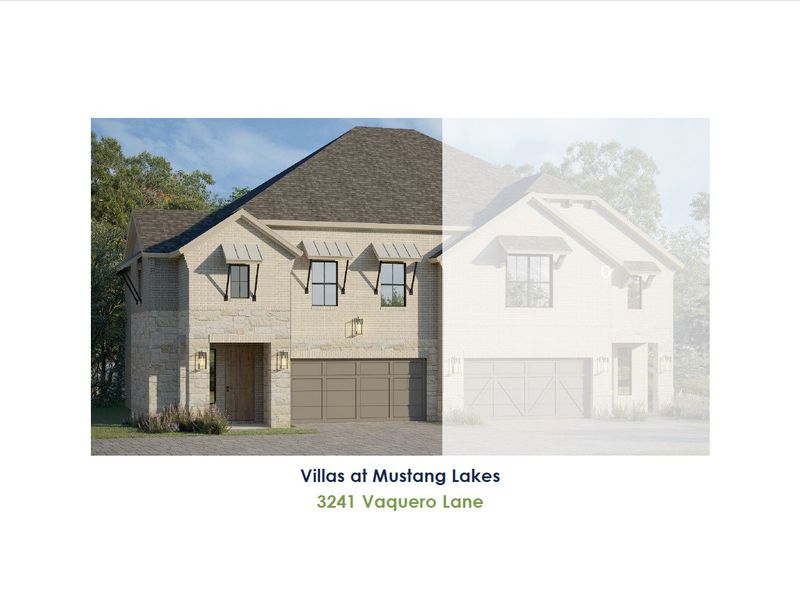 Exterior rendering of this home design in Villas at Mustang Lakes, Celina, TX (Image 1). Exterior rendering of this home design in Villas at Mustang Lakes, Celina, TX (Image 1).