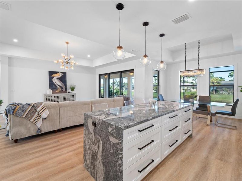 Waterfall island has all drawers for easy access Waterfall island has all drawers for easy access