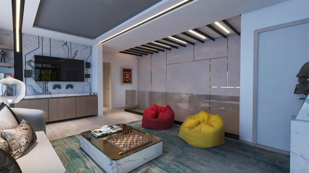 Modern living room with a sleek design, featuring a marble accent wall with a mounted TV, cozy bean bag chairs, and a stylish coffee table with a chess set. The room has a contemporary feel with recessed lighting and a mix of textures for a comfortable atmosphere.Virtually staged. Modern living room with a sleek design, featuring a marble accent wall with a mounted TV, cozy bean bag chairs, and a stylish coffee table with a chess set. The room has a contemporary feel with recessed lighting and a mix of textures for a comfortable atmosphere.Virtually staged.