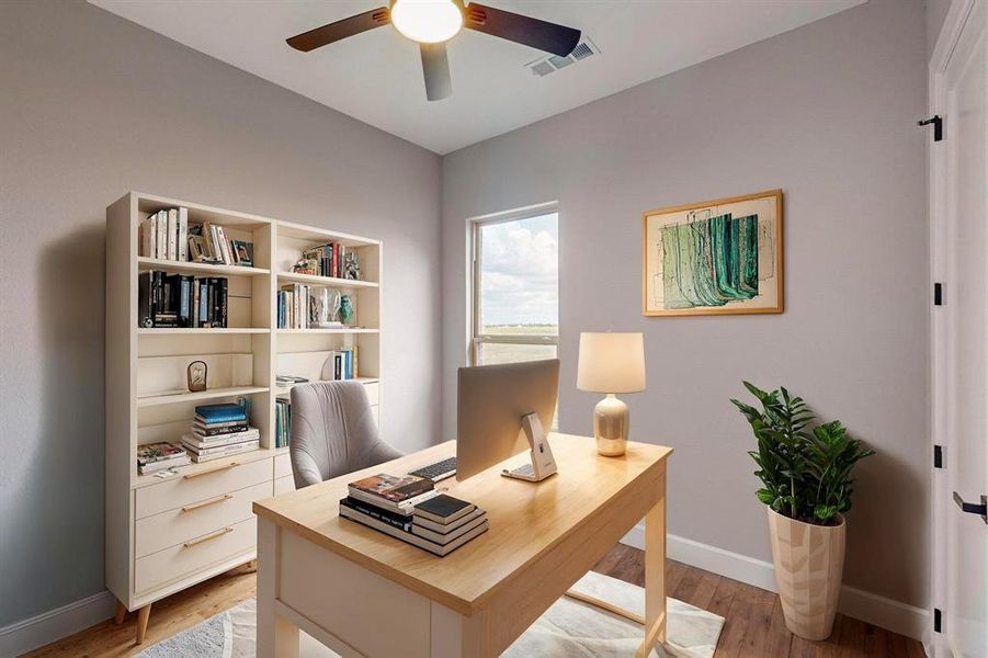 Virtual Staged Office space with light wood-type flooring and ceiling fan