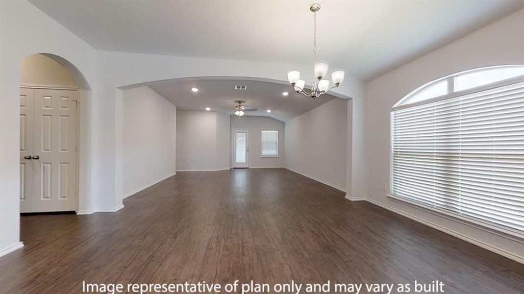 Unfurnished room featuring a ceiling fan, lofted ceiling, a chandelier, dark wood-style flooring, and recessed lighting Unfurnished room featuring a ceiling fan, lofted ceiling, a chandelier, dark wood-style flooring, and recessed lighting