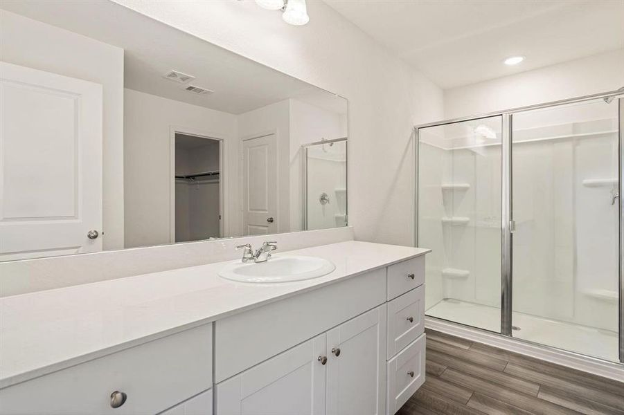 Bathroom with a stall shower, vanity, dark wood-style flooring, and a walk in closet Bathroom with a stall shower, vanity, dark wood-style flooring, and a walk in closet