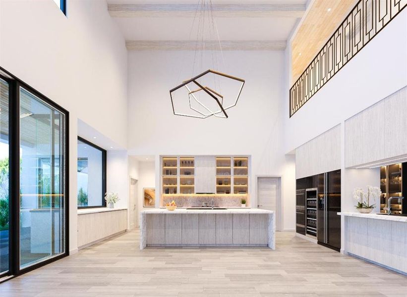 Bar featuring plenty of natural light, modern cabinets, and a high ceiling