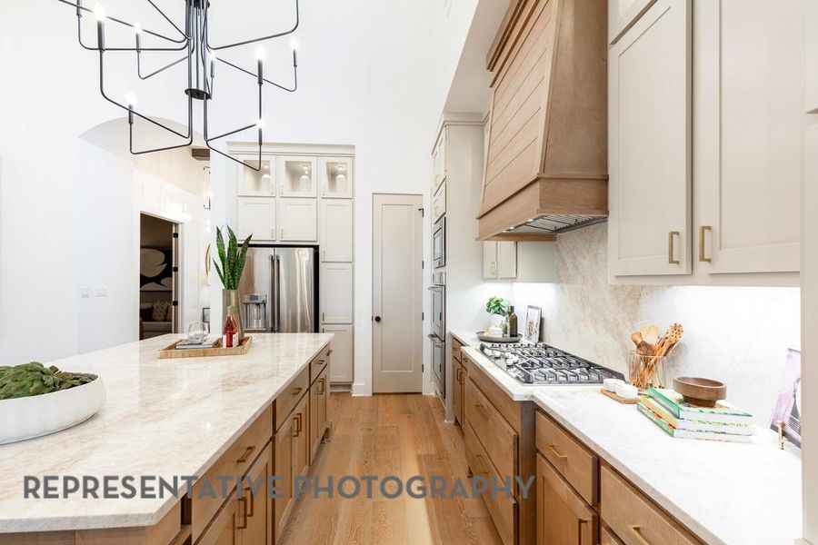 Kitchen with decorative backsplash, glass insert cabinets, stainless steel appliances, light wood-style flooring, and custom range hood Kitchen with decorative backsplash, glass insert cabinets, stainless steel appliances, light wood-style flooring, and custom range hood