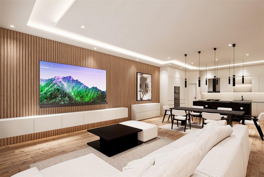 Home will feature floating shelves and a wood paneled accent wall in the living room.