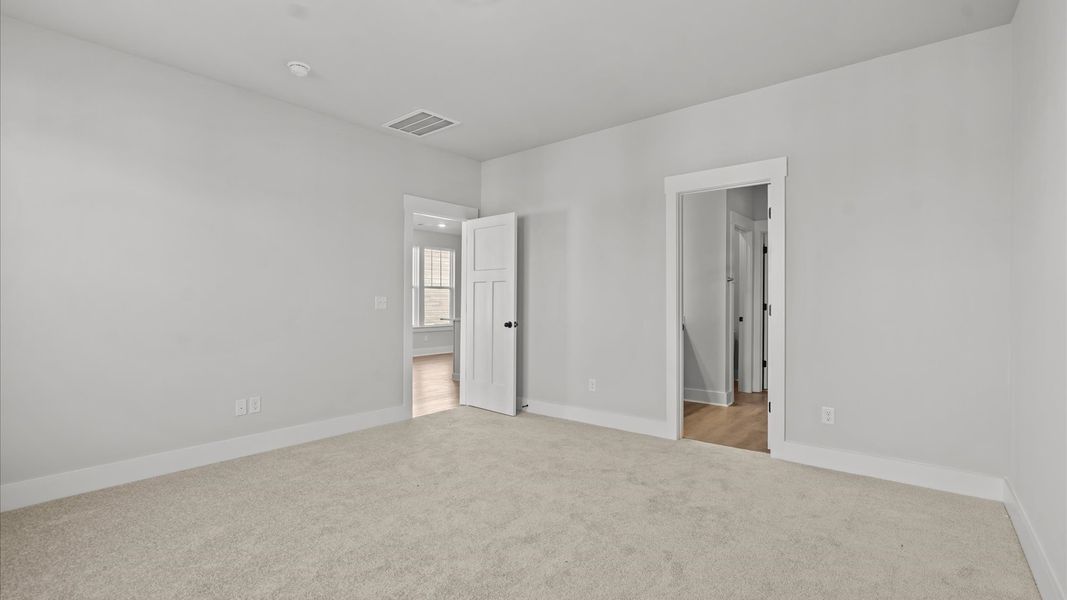 Accomplished bedroom layout with cozy carpet, a spacious walk-in closet, and sun-filled windows