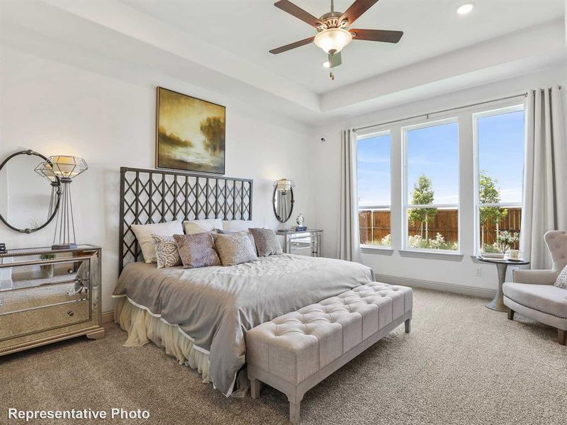 Carpeted bedroom with a ceiling fan and a raised ceiling Carpeted bedroom with a ceiling fan and a raised ceiling