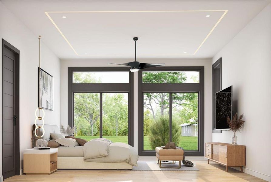 Living room with light wood-style floors, ceiling fan, and recessed lighting