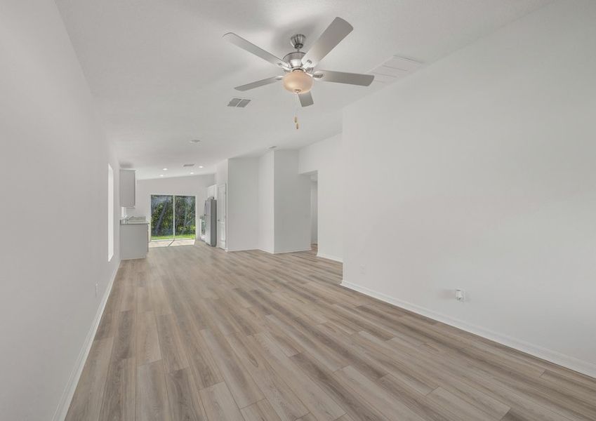 The family room flows seamlessly into the kitchen and dining room!
