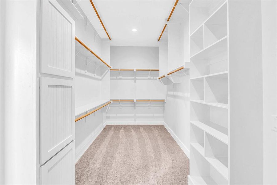 Walk in closet featuring light carpet