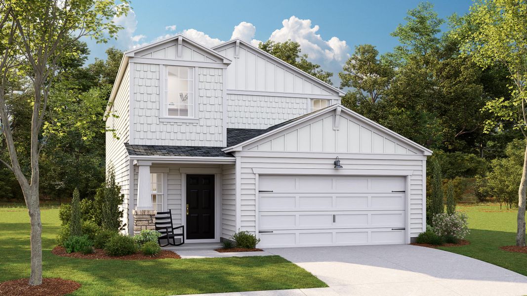Front exterior of a new home in Lindera Preserve at Cane Bay Plantation: American Dream Series, Summerville, SC, highlighting curb appeal (Image 18).