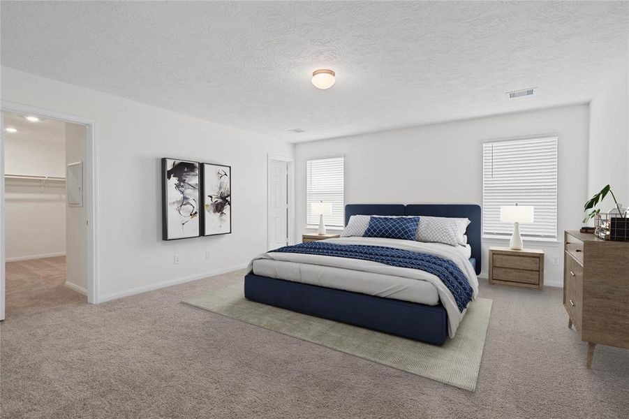 What a wonderful place to come home to, this stunning primary suite greets you with gorgeous plush carpet, custom paint, high ceiling, lighting, lovely windows with blinds allowing in natural light brightening up this spacious primary bedroom!