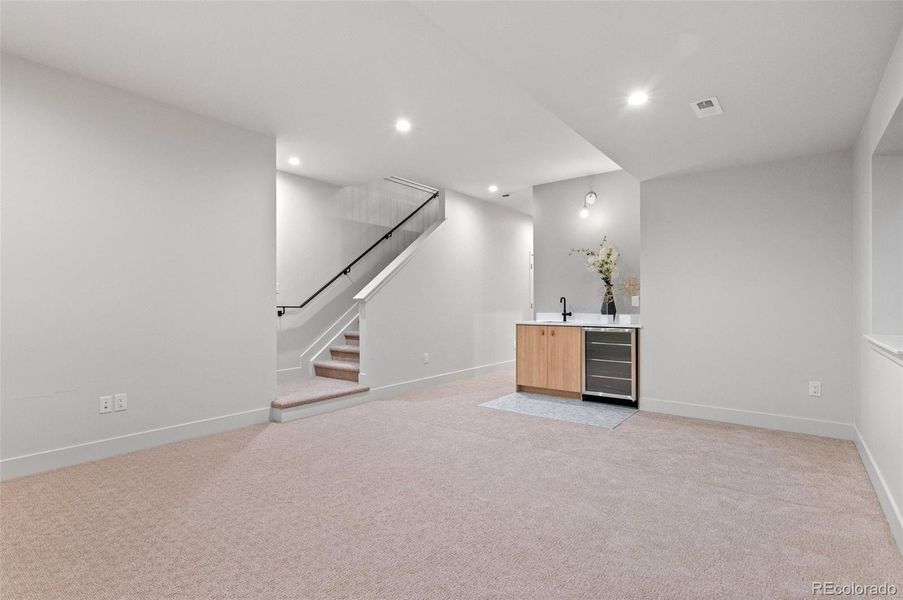 Basement rec room with 10' ceilings