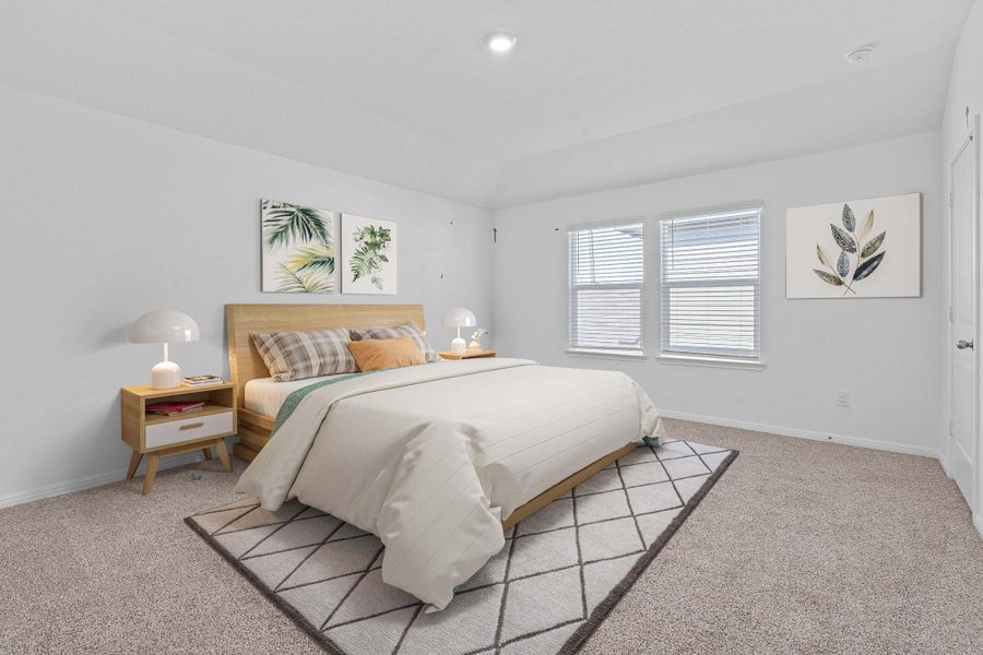 Bedroom with light carpet and recessed lighting Bedroom with light carpet and recessed lighting