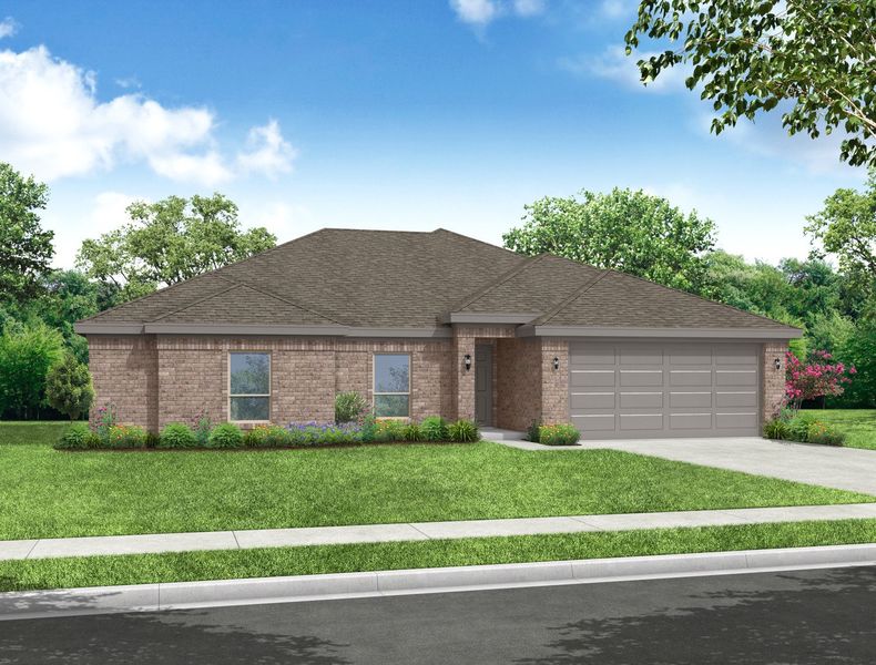 Representative exterior photo of a completed home built from the Pembridge II by Impression Homes in Mountain Valley Lake, Burleson, TX (Image 1). Representative exterior photo of a completed home built from the Pembridge II by Impression Homes in Mountain Valley Lake, Burleson, TX (Image 1).