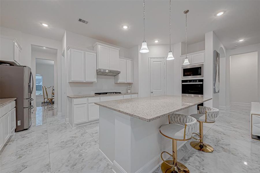 Gourmet Kitchen: A chef’s dream featuring a huge island, stainless steel appliances, double ovens, gas range, drop-down sink, and a walk-in pantry.