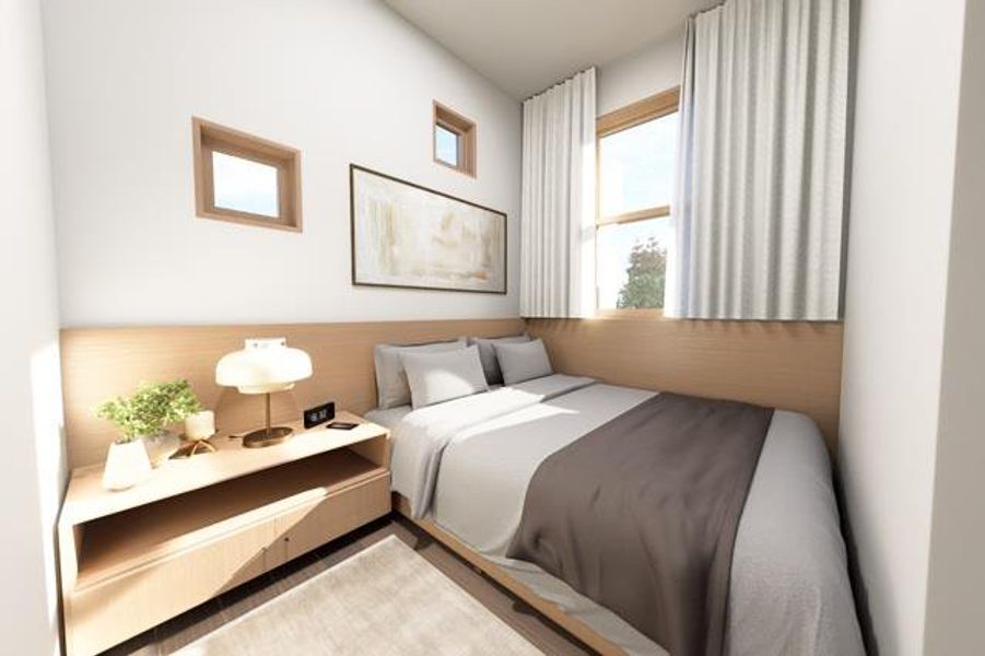 Cozy, light-filled bedroom featuring modern finishes, large windows, and a warm neutral palette, perfect for a restful retreat.