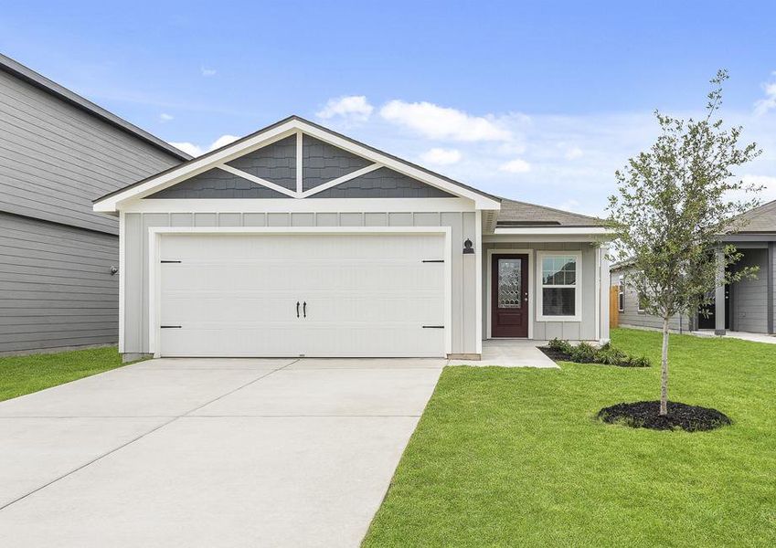 Exterior of the Hawthorne with a two-car garage.