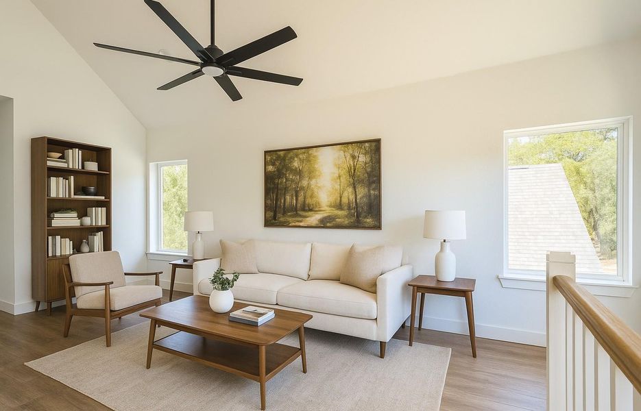 Loft area upstairs is a great second living space with high ceilings and great natural light! - virtually staged Loft area upstairs is a great second living space with high ceilings and great natural light! - virtually staged