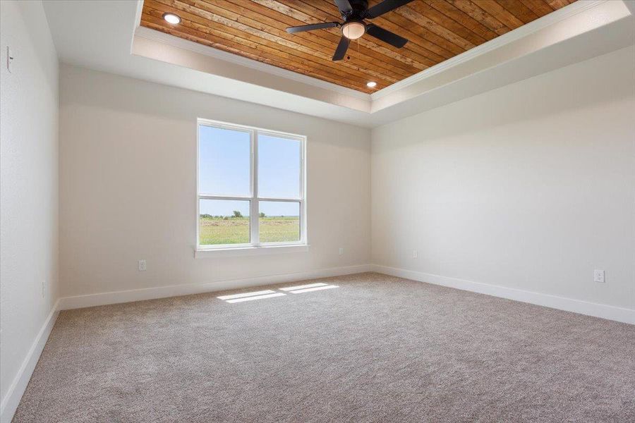 A spacious bedroom features a rustic wood-paneled tray ceiling, complemented by an oversized window offering pastoral field views.