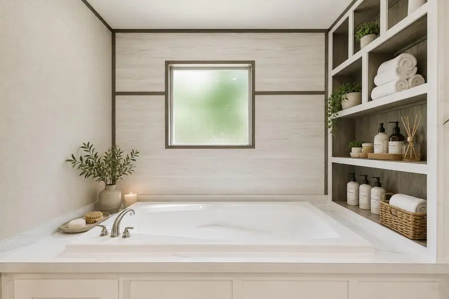 Huge soaking tub with functional shelving Huge soaking tub with functional shelving