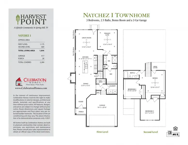 2D floor plan layout for the Natchez I & II by Celebration Homes in Harvest Point Townhomes, Spring Hill, TN (Image 2).