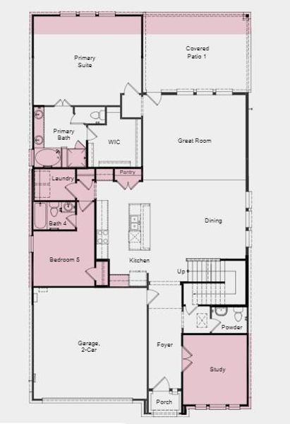 Additional Highlights Include: Extended primary suite with covered patio, bedroom 5 with bath 4 in place of tandem, study in place of flex, and slide-in tub at primary bath.