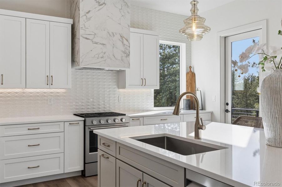 Gas range/oven w custom vent hood with separate deck off kitchen for outdoor cooking options