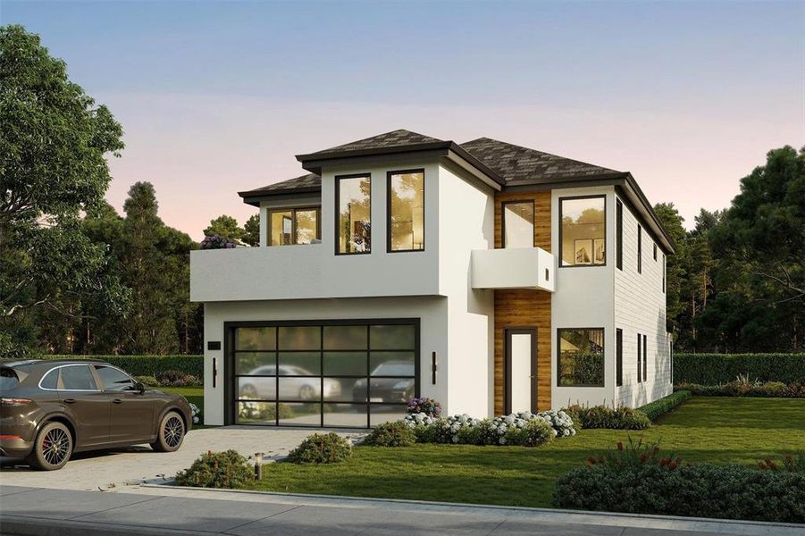 Contemporary two-story residence featuring a wood-finish accent wall and white stucco exterior Contemporary two-story residence featuring a wood-finish accent wall and white stucco exterior